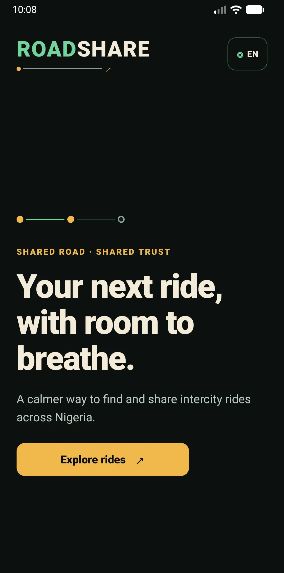 RoadShare Android launch screen with the product introduction and Explore rides action