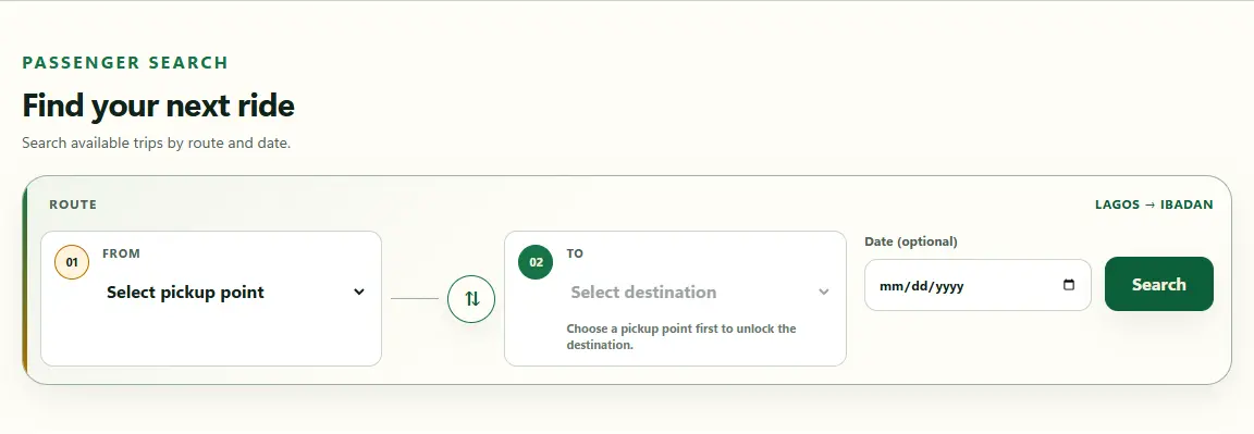 RoadShare consumer-web search form showing pickup, destination and date controls for a Lagos to Ibadan journey